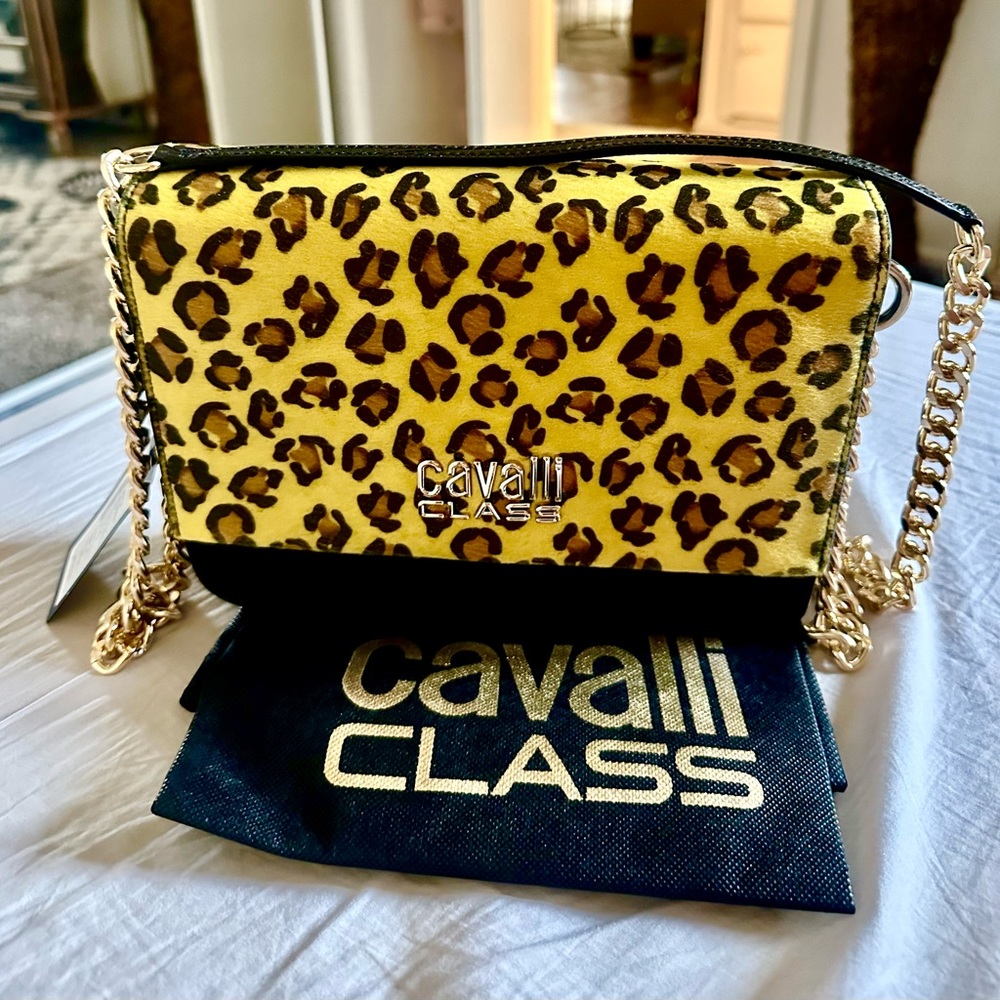 Brand new gorgeous Cavalli Class caviar print Blk/yellow shoulder bag